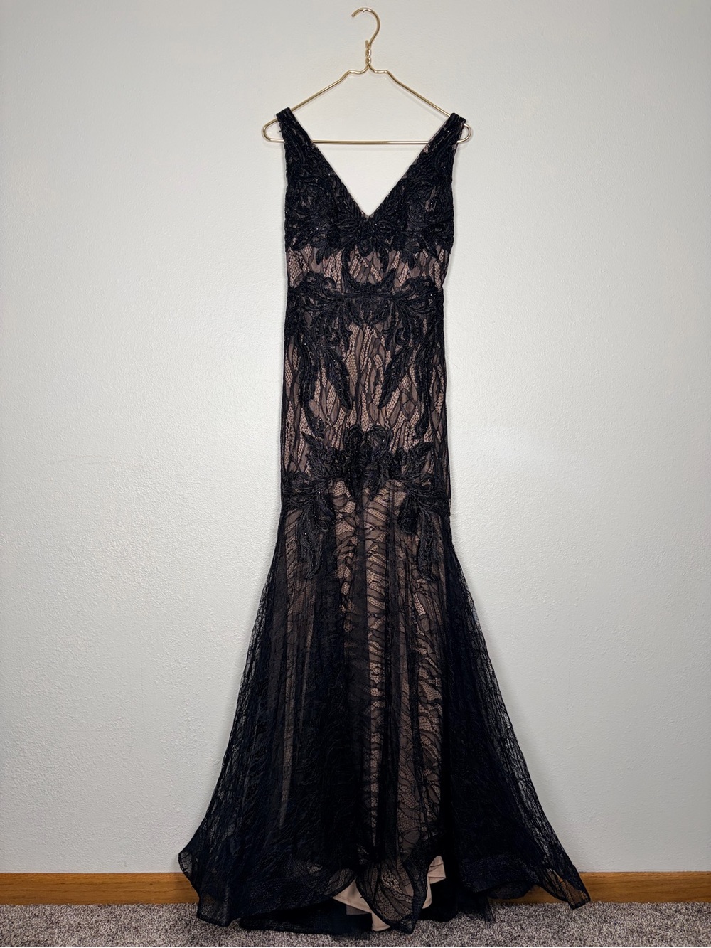Betsy & Adam Black Lace Overlay Evening Gown with Nude Lining Size 10